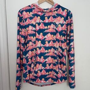 Enlighten Pink and Blue Mountain Print Hooded Pullover with Pockets Size Medium